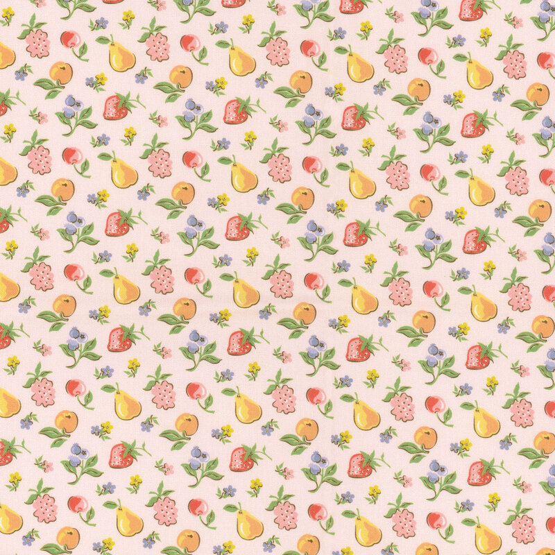 Seasonal fruits and flowers tossed on pastel pink fabric.