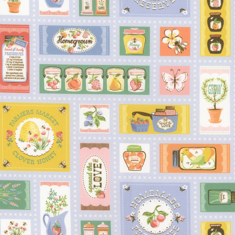 Azure blue fabric featuring various pictures of flowers, fruits, and homemade signs.