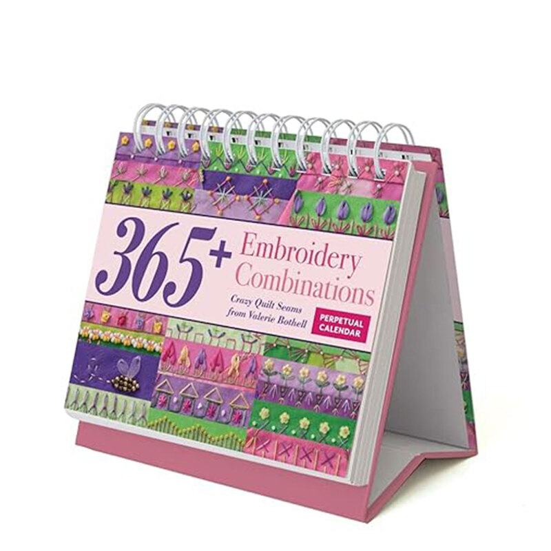 The front of the 365+ Embroidery Combinations Perpetual Calendar with the self-contained desk stand..