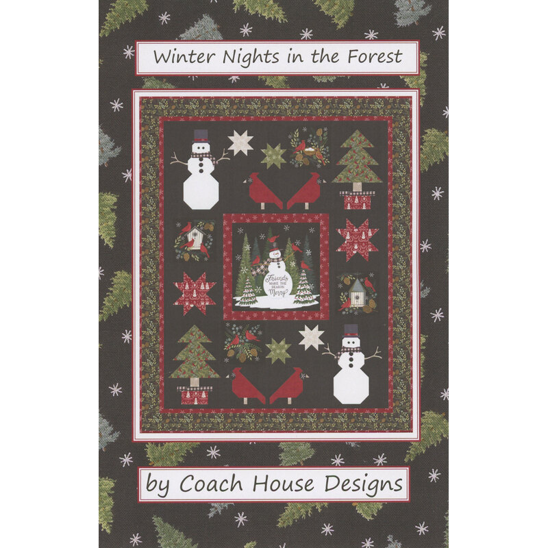 Cover of Winter Nights in the Forest featuring snowmen, cardinals, and trees on a dark background.