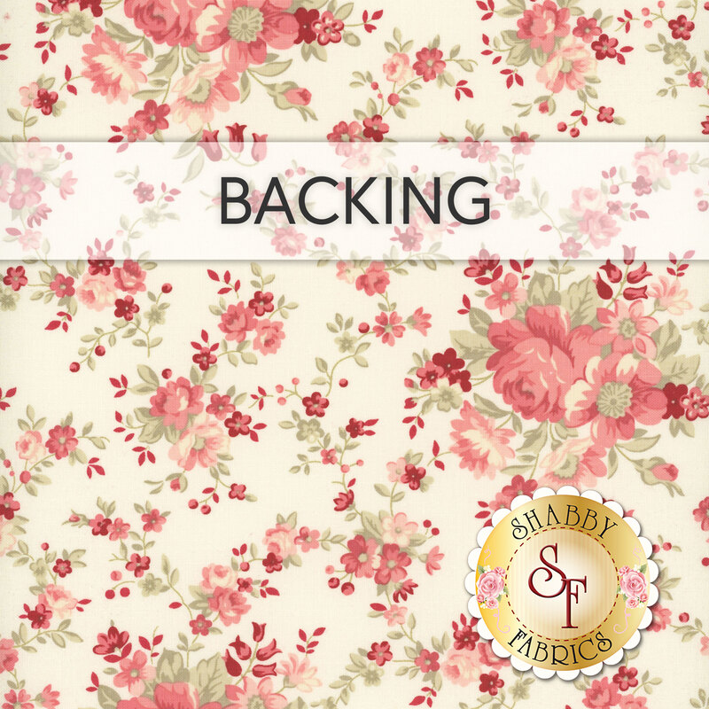 A swatch of cream fabric with tossed bouquets and clusters of pink and red flowers with tonal leaves. A transparent banner at the top reads "Backing."