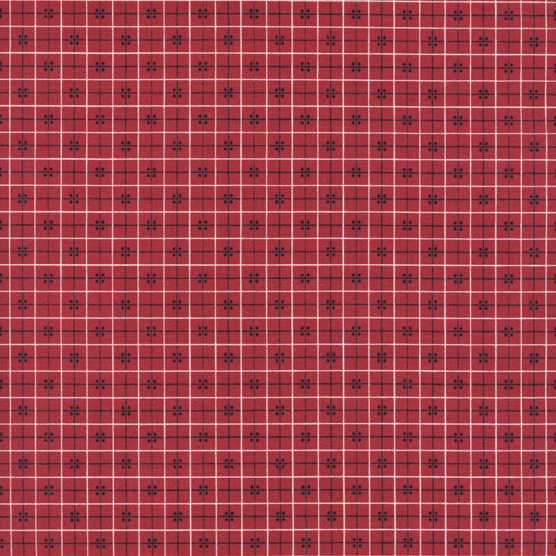 barn red fabric with a white and dark red overlapping grid pattern