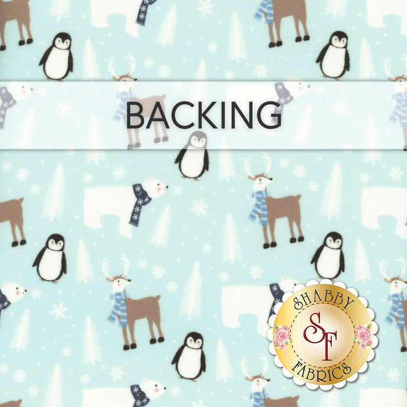 A swatch of aqua fabric with woodland animals wearing scarves surrounded by trees and snowflakes. A banner at the top reads "Backing" and a golden Shabby Fabrics sits in the bottom right corner.