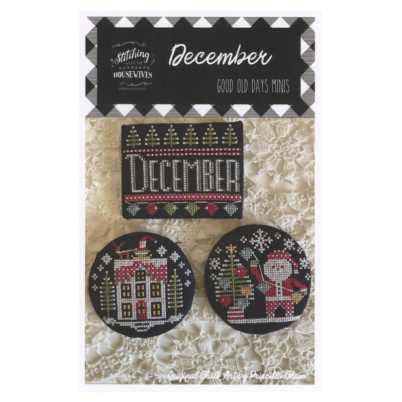 The front of the Good Old Days December cross stitch pattern showing the completed project featuring three mini Christmas designs surrounded by coordinating holiday décor. 
