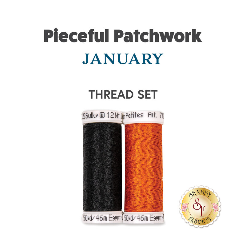 Two spools of black and orange thread, isolated on a white background below a text graphic.