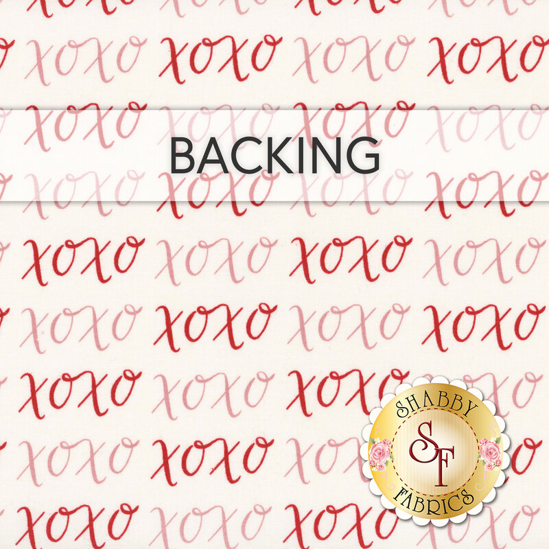 A swatch of cream fabric with rows of pink and red "xoxo" all over. A transparent banner at the top reads "Backing."