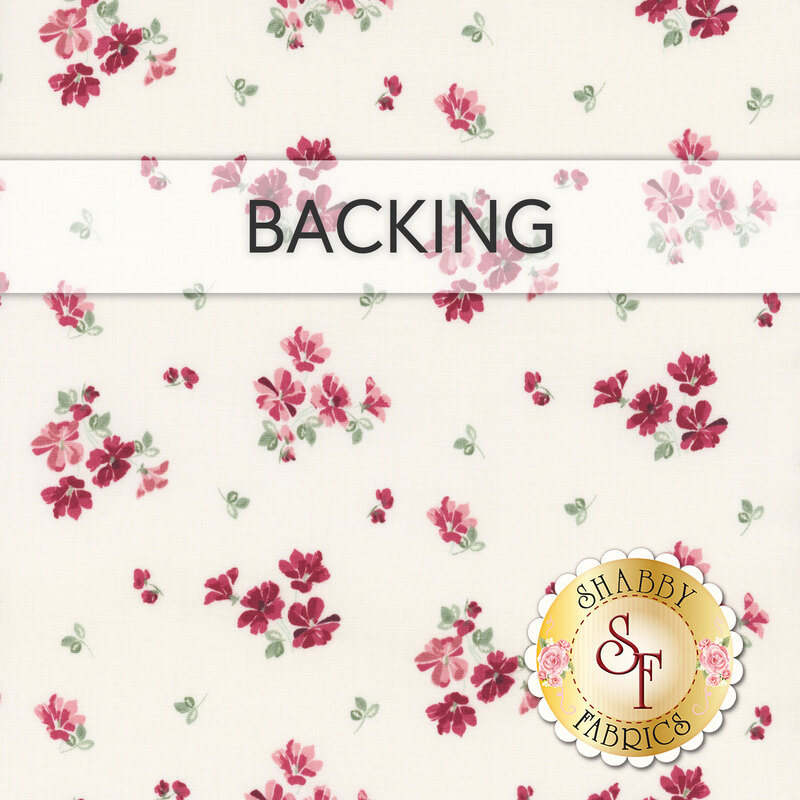 A cream swatch of fabric with tossed clusters of pink and red flowers with green leaves. A transparent banner at the top reads "Backing."