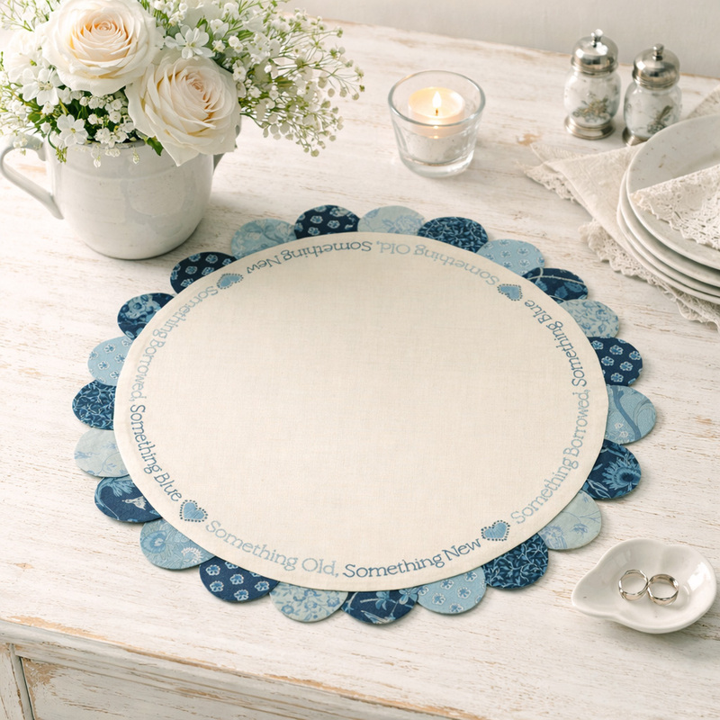 A round hand embroidered table topper with a scalloped edge in blue fabrics, featuring the phrase Something Old, Something New in the center.