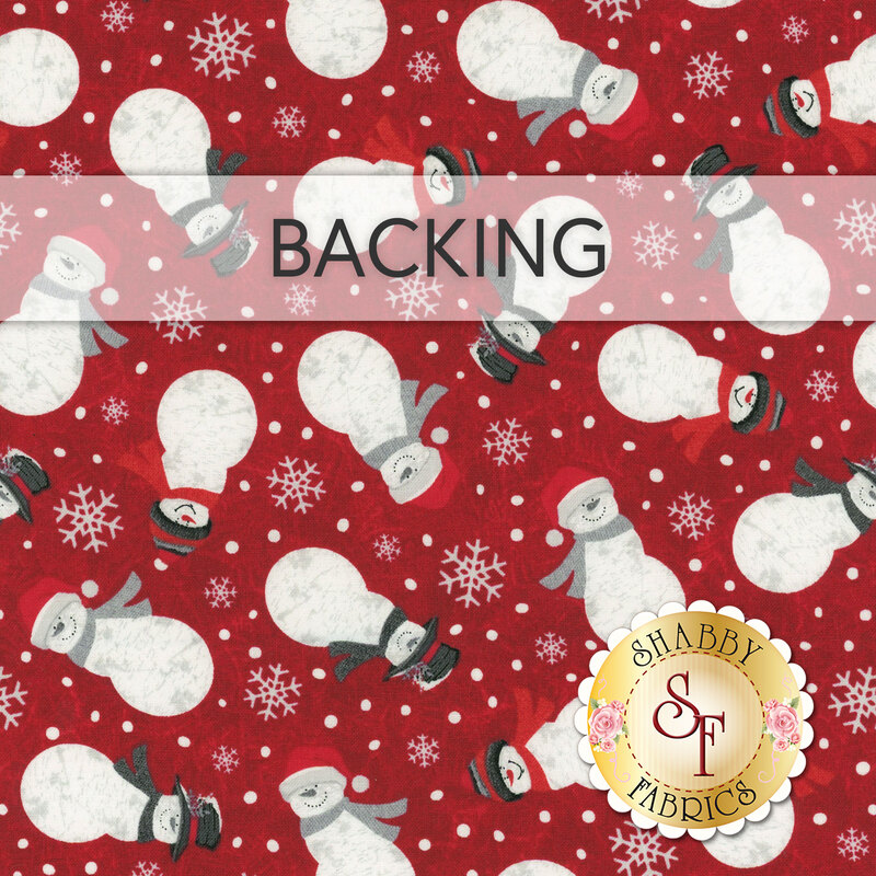 Swatch of red fabric featuring tossed white snowflakes and well-dressed snowmen. A transparent banner at the top reads "Backing."