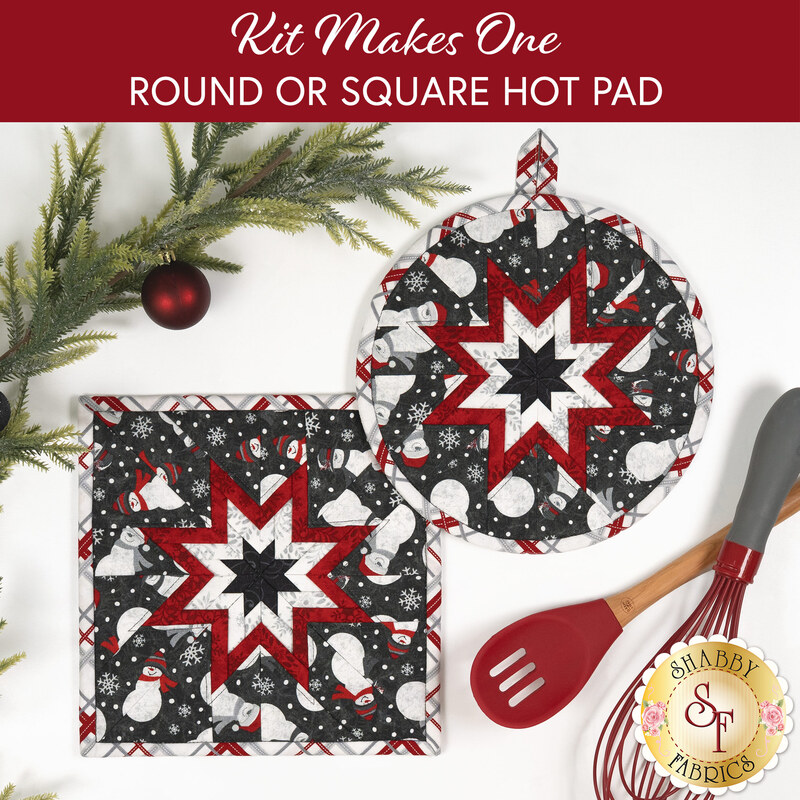 The completed Folded Star Hot Pad(s), shown in round and square options, colored in black, red, and white fabrics from the Blizzard Fun collection by Henry Glass Fabrics. A red banner at the top reads "Kit Makes One Round or Square Hot Pad" and the projects are staged with coordinating winter and kitchen décor.