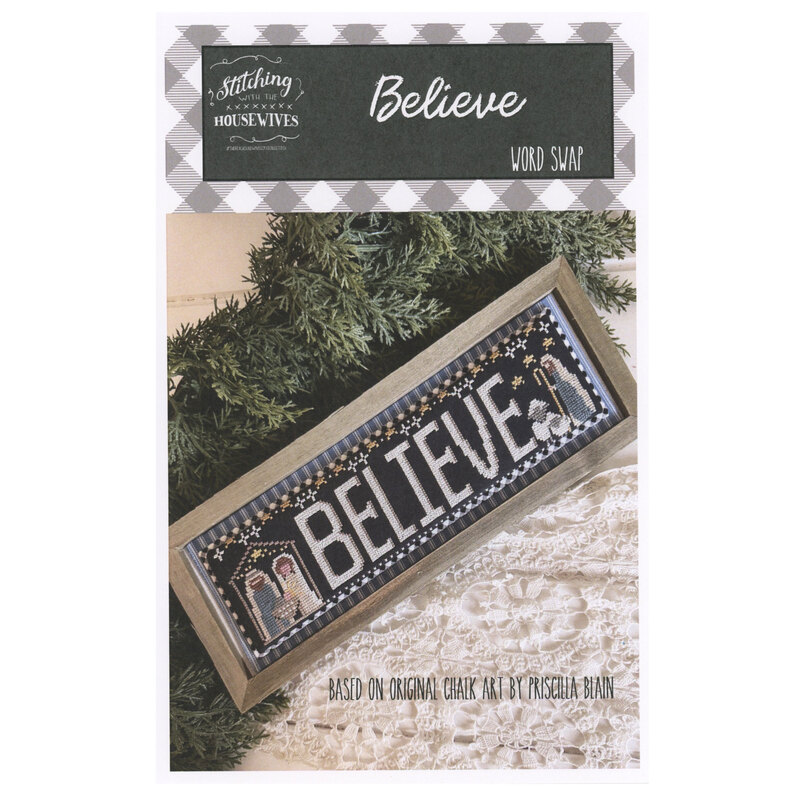 The front of the Believe Word Swap cross stitch pattern showing the completed project surrounded by coordinating holiday décor. 