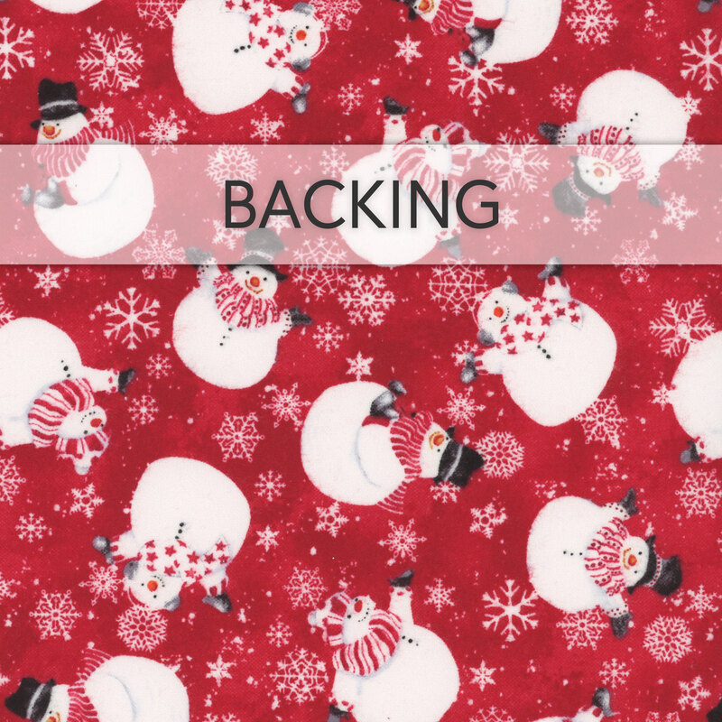 Swatch of red fabric featuring tossed white snowflakes and well-dressed snowmen. A transparent banner at the top reads "Backing."