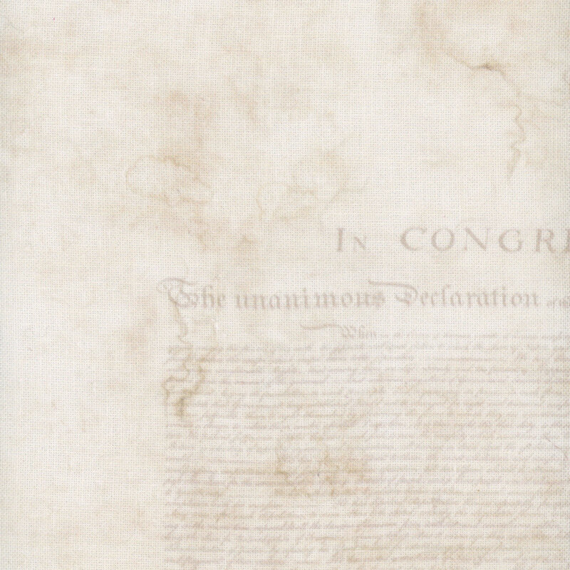 A sample image of the Fabric Flair Declaration on Pale Parchment 32ct Linen with a mottled light tan pattern and a faint inscription of the Declaration of Independence as the main design.