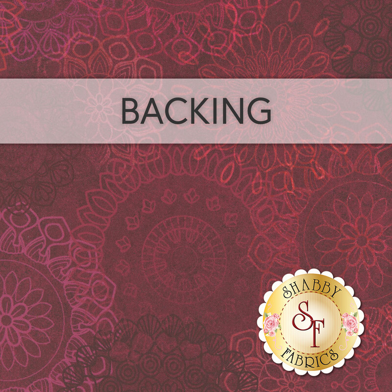 A deep burgundy fabric swatch with an intricate red and orange mandala pattern, a banner at the top that reads "Banner" and a golden shabby logo in the bottom right corner.