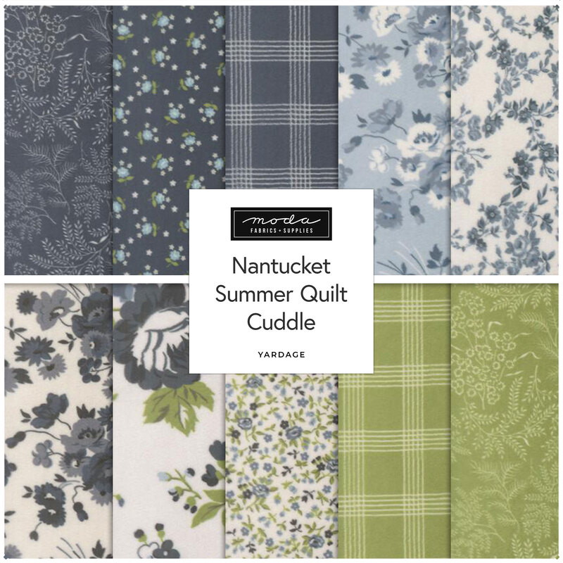 A collage of fabrics included in the Nantucket Summer Quilt Cuddle collection with blue, cream, and green fabrics with a floral theme.