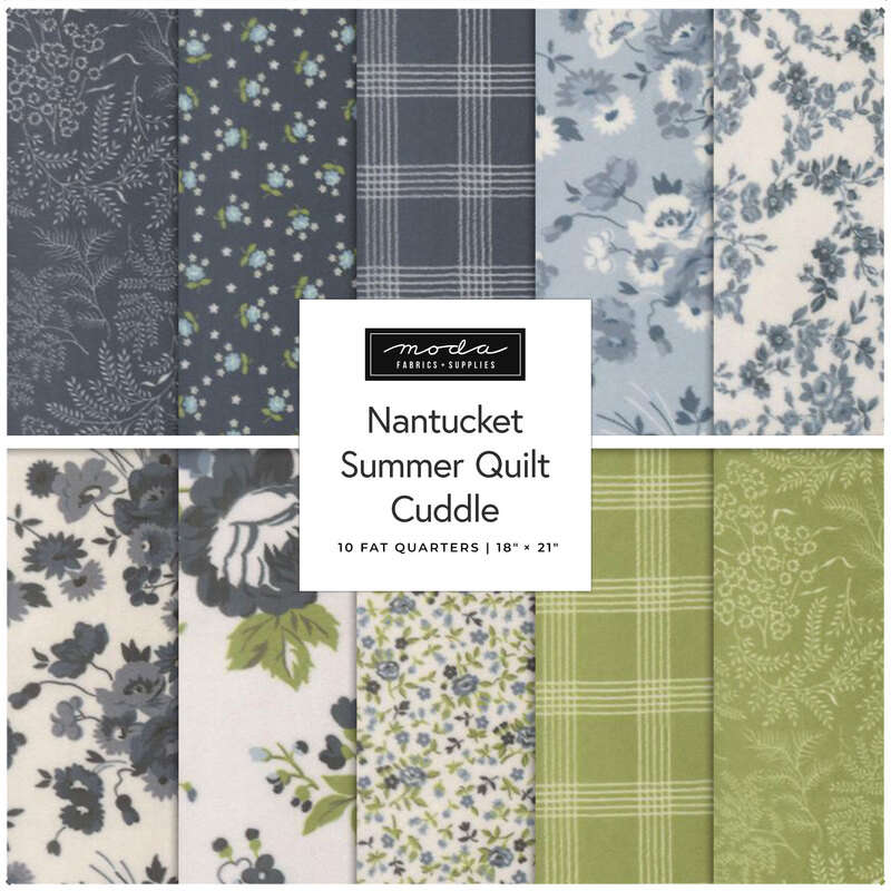 A collage of fabrics included in the Nantucket Summer Quilt Cuddle collection with blue, cream, and green fabrics with a floral theme.