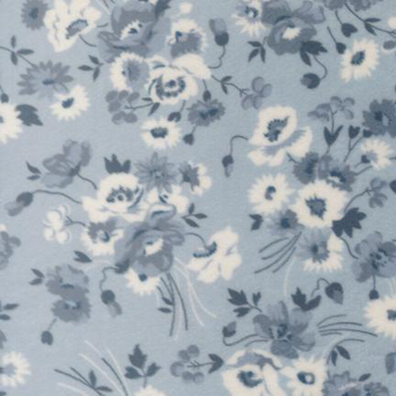 Floral bouquets in shades of cream and cadet blue tossed on a light blue background.