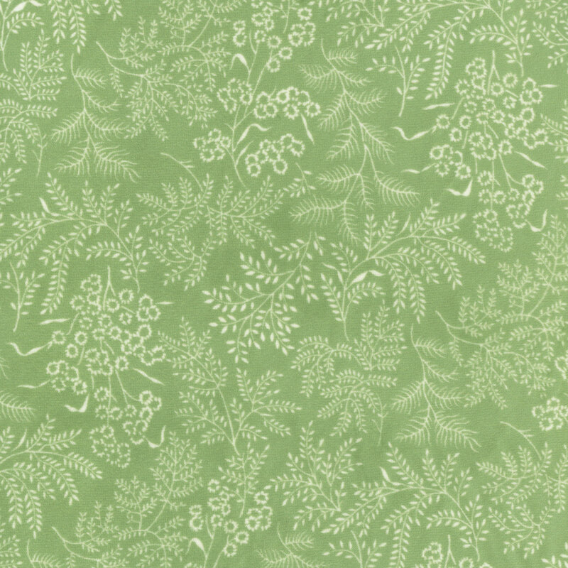 Sea-glass green fabric featuring a stamped, tonal floral and leaves design.