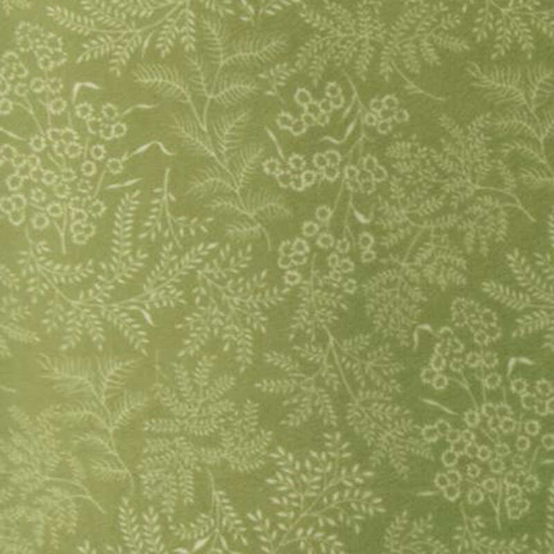 Sea-glass green fabric featuring a stamped, tonal floral and leaves design.