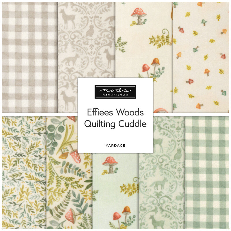 A variety of fabric swatches in earthy tones featuring patterns like florals, mushrooms, and checks, labeled Effie’s Woods Quilting Cuddle.
