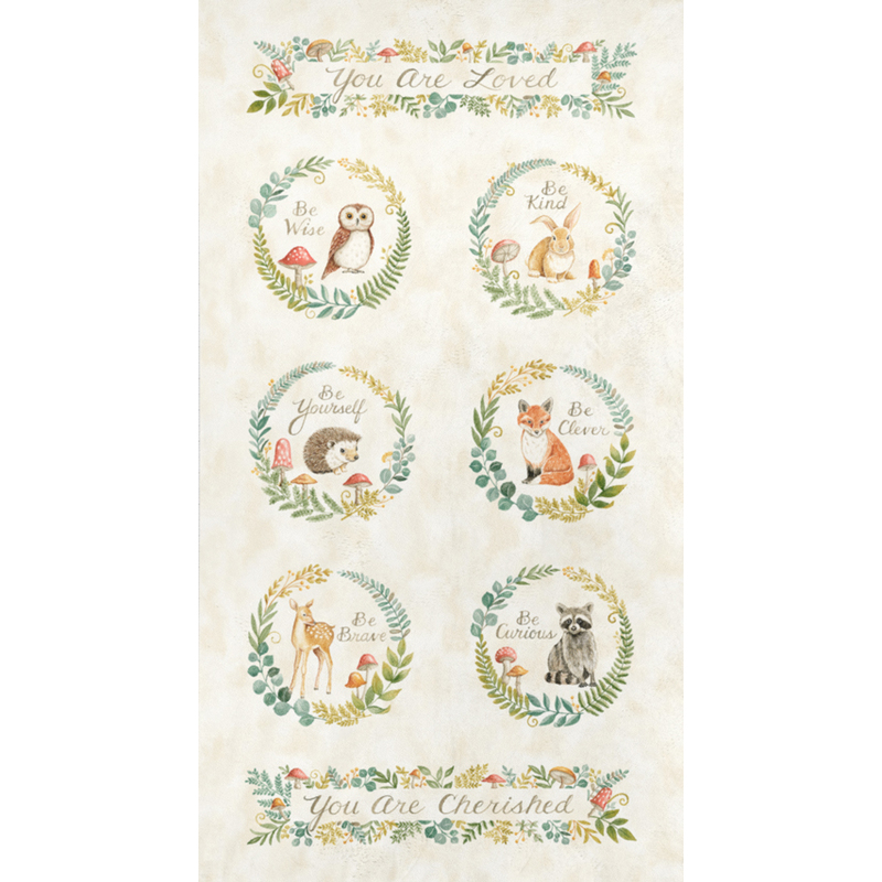 Cream panel with bouquets with forest-themed motifs, including leaves, animals, mushrooms, and inspirational phrases.