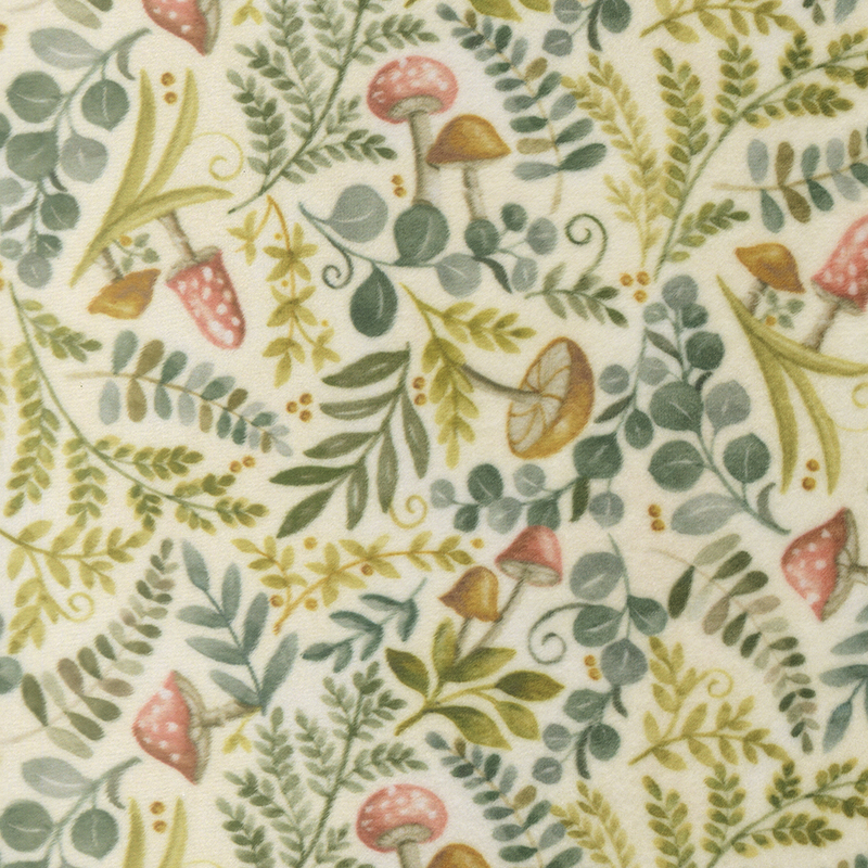 Cream fabric with a dense pattern of green leaves and scattered mushrooms.