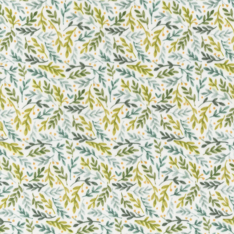 White fabric with a rich pattern of leaves in multiple shades of green.