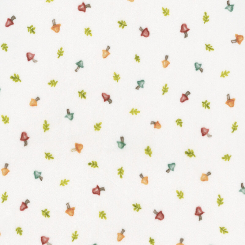 white fabric with a pattern of small leaves and mushrooms.