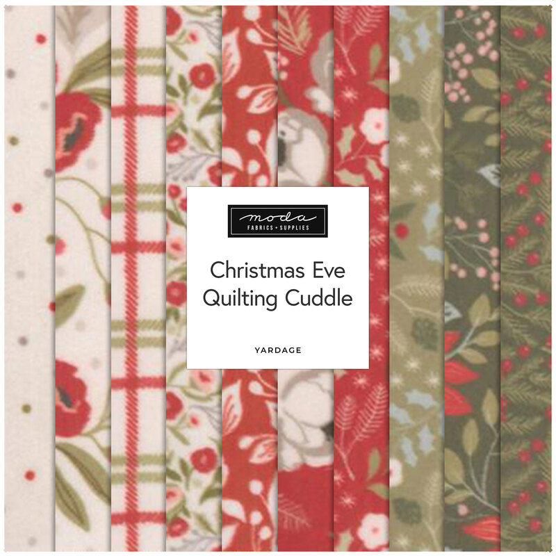 Swatches of Christmas-themed fabrics in red, green, and cream with floral and checkered patterns.