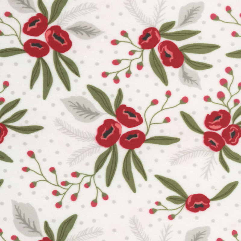 white minky fabric with a scattered pattern of Christmas florals set against a subtly dotted background.
