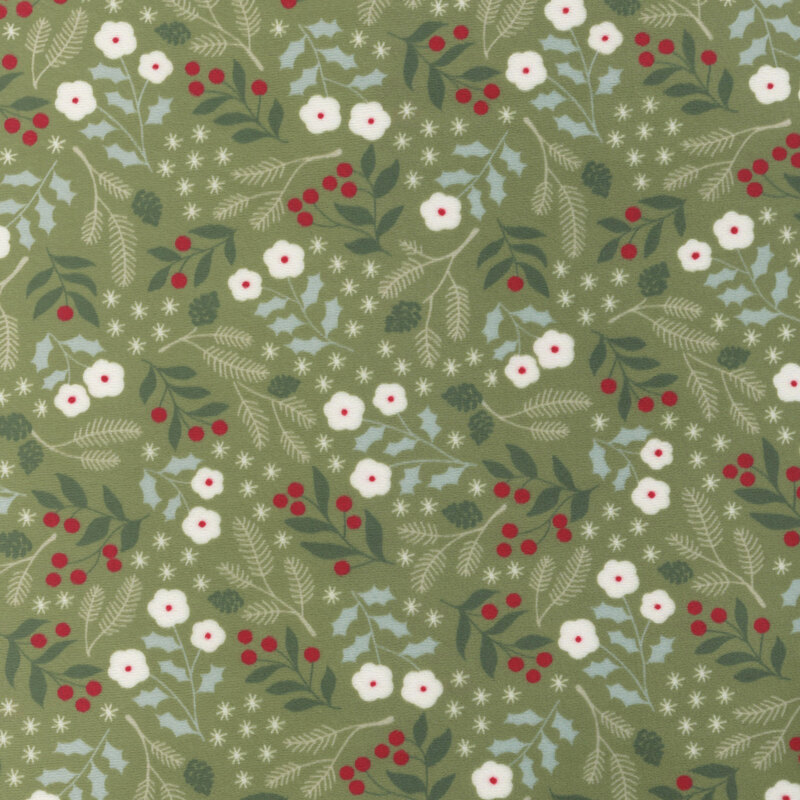 Green minky fabric with a dense pattern of stylized winter florals and leaves.