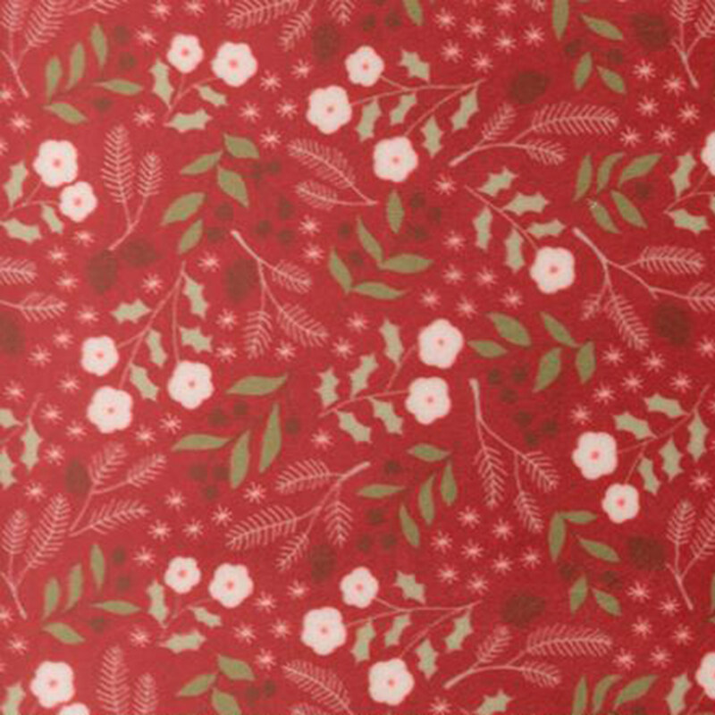red minky fabric features a dense pattern of stylized winter florals and leaves.