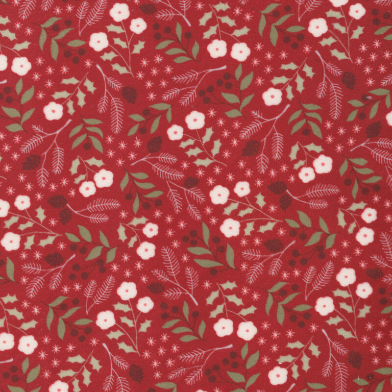red minky fabric features a dense pattern of stylized winter florals and leaves.