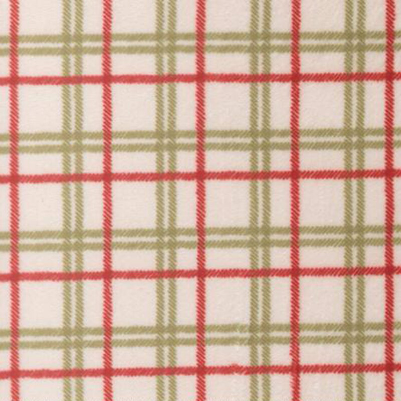 White minky fabric with a classic red and green plaid design.