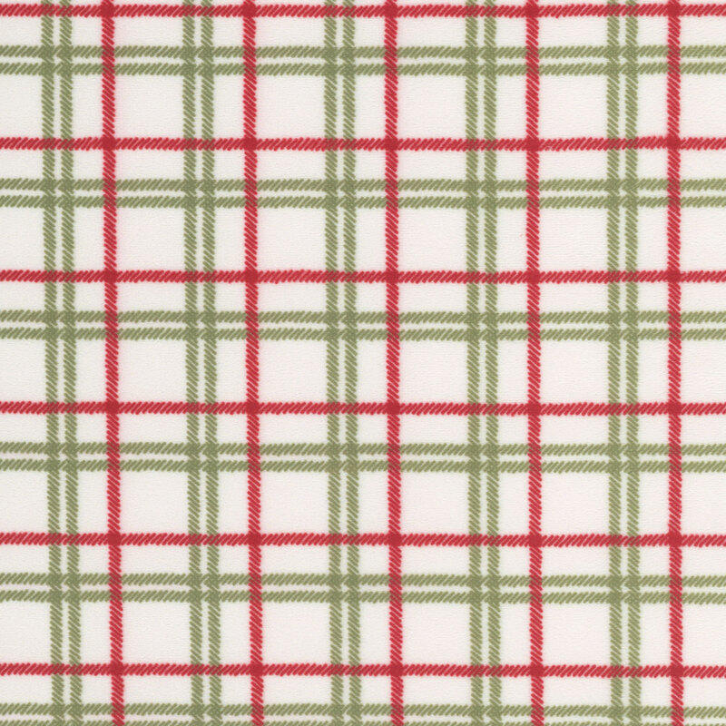 White minky fabric with a classic red and green plaid design.