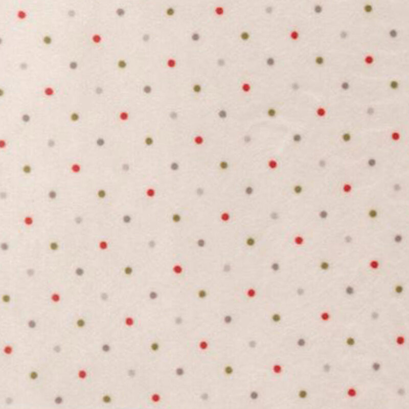 White minky fabric with a classic pattern of green, gray, and red polka dots.