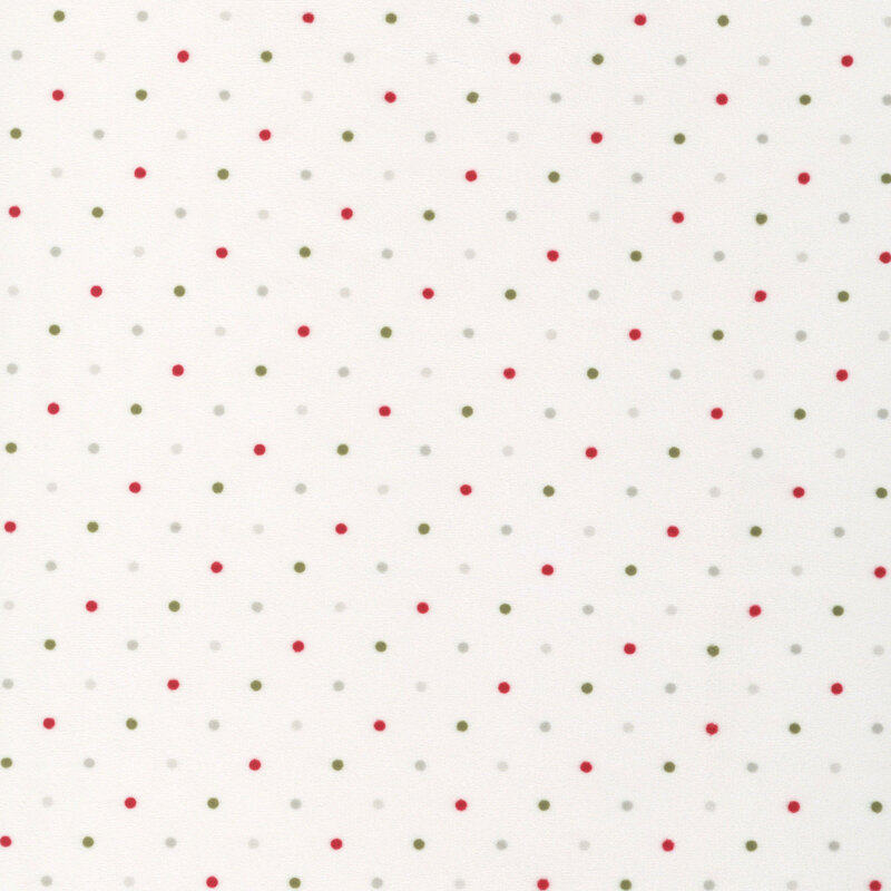 White minky fabric with a classic pattern of green, gray, and red polka dots.