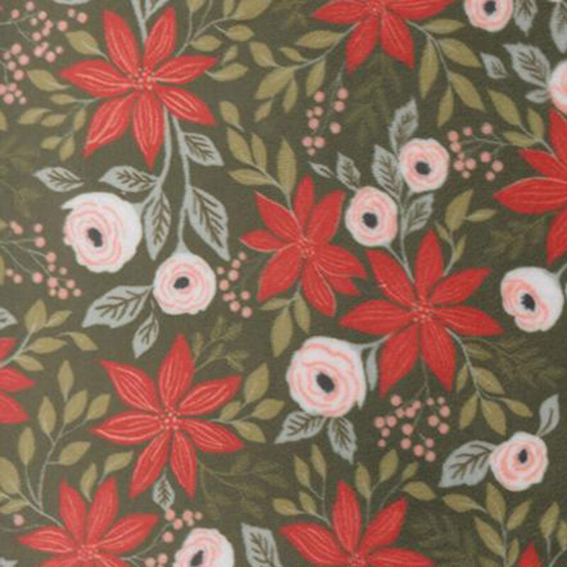 Sage green with a stylized pattern of roses, poinsettias, and leaves.