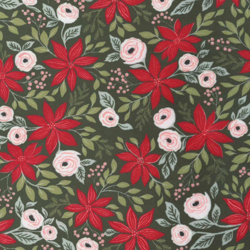 Sage green with a stylized pattern of roses, poinsettias, and leaves.