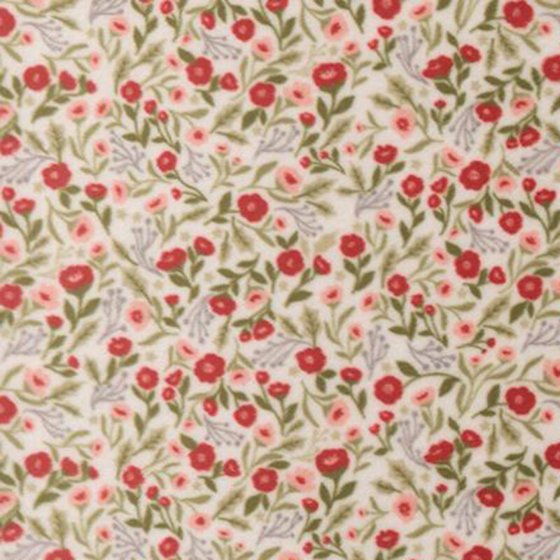 White minky fabric with a dense pattern of red and pink florals accented by green stems and leaves.