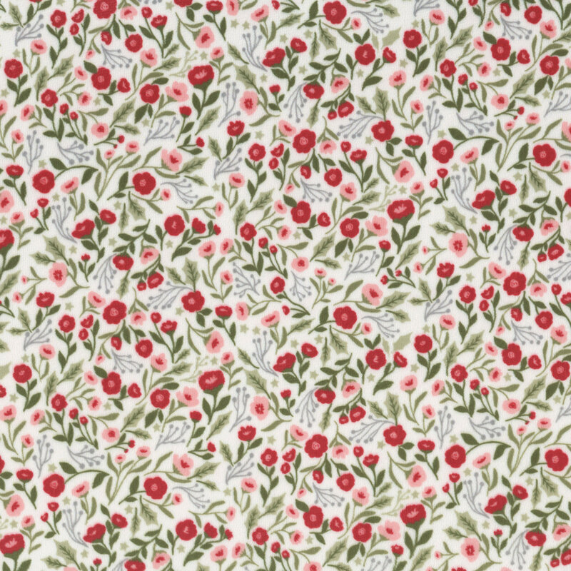 White minky fabric with a dense pattern of red and pink florals accented by green stems and leaves.