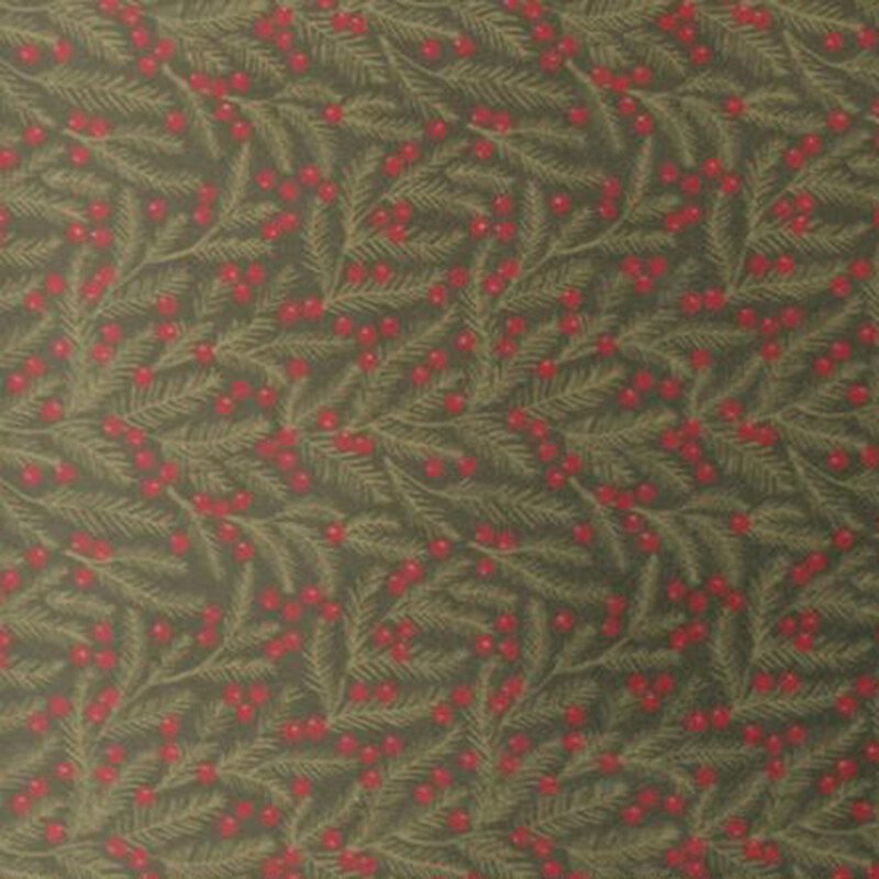green minky fabric with densely packed pattern of pine leaves and drupes.