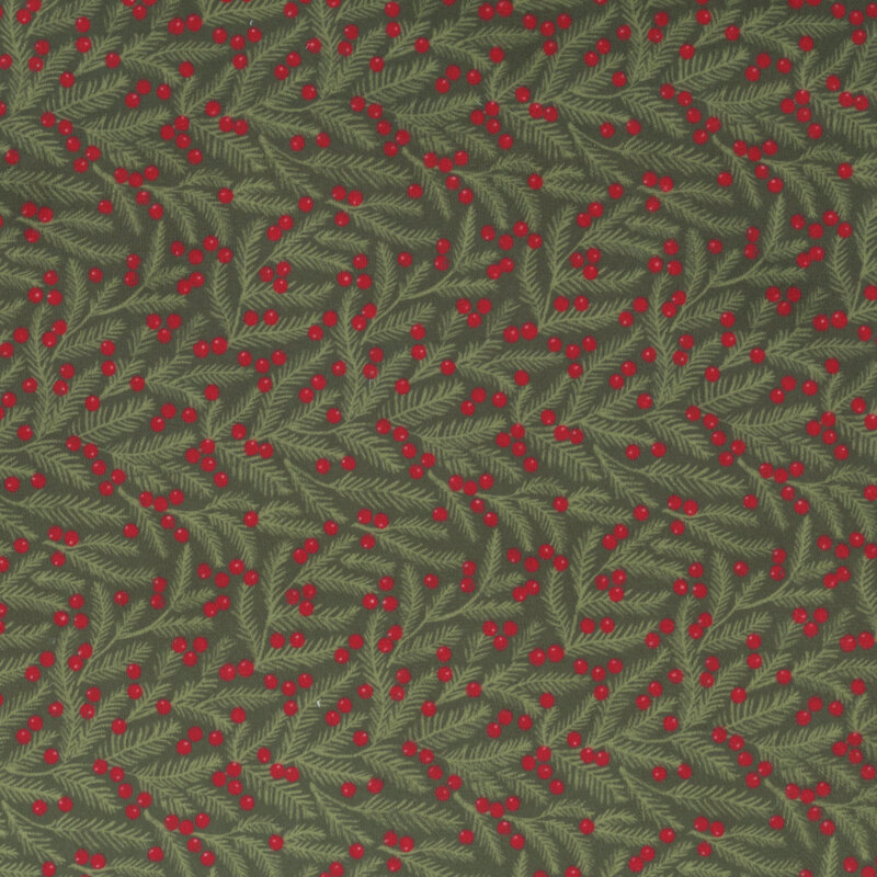 green minky fabric with densely packed pattern of pine leaves and drupes.