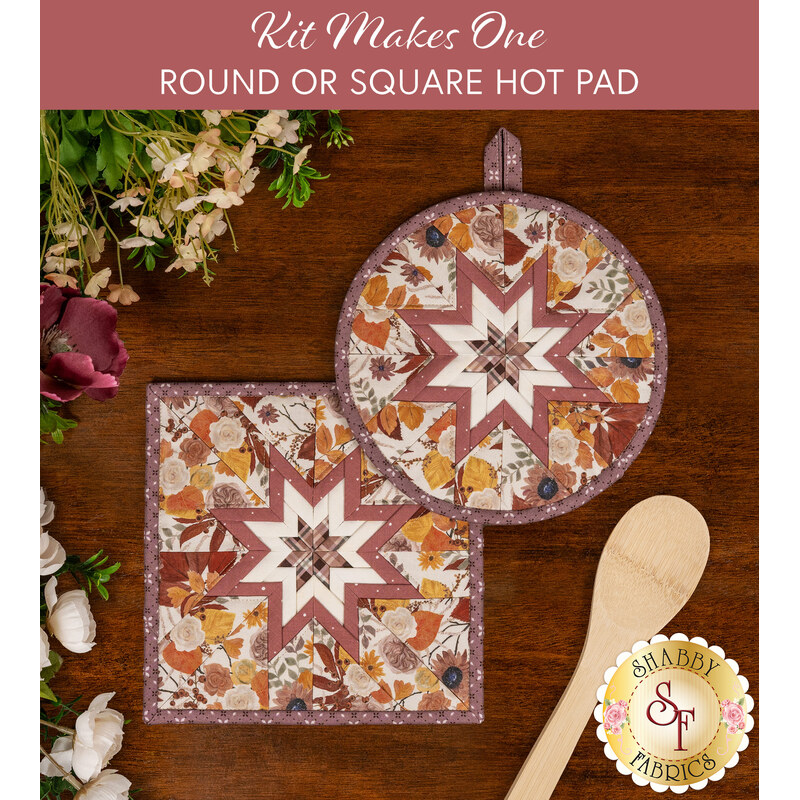 The two completed cream colored Folded Star Hot Pads, one round and one square, slightly overlapping each other and staged on a wooden table with coordinating décor.