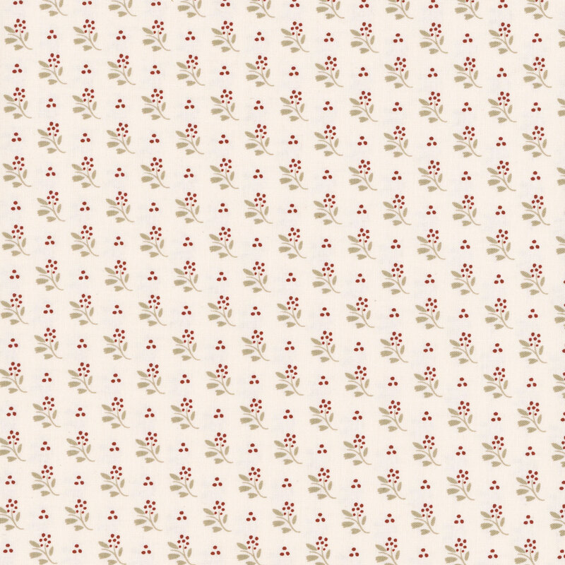 Light cream fabric with small floral clusters all over featuring green stems and bold red flowers