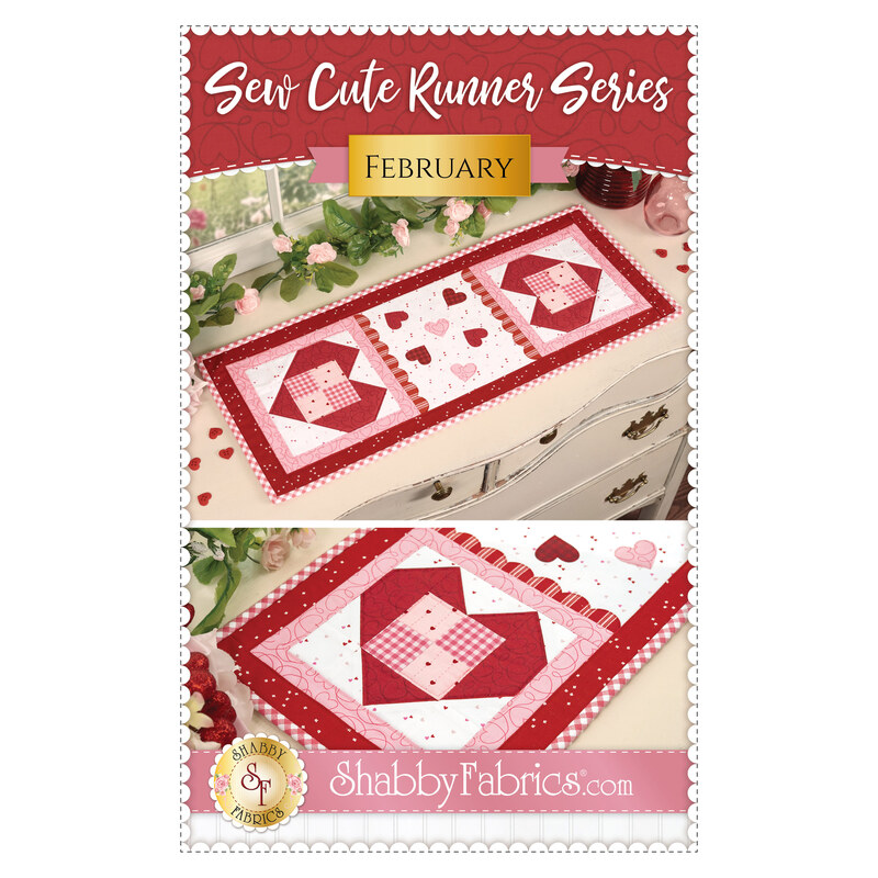 The front of the pattern showing the completed runner staged on a dresser with coordinating décor. 