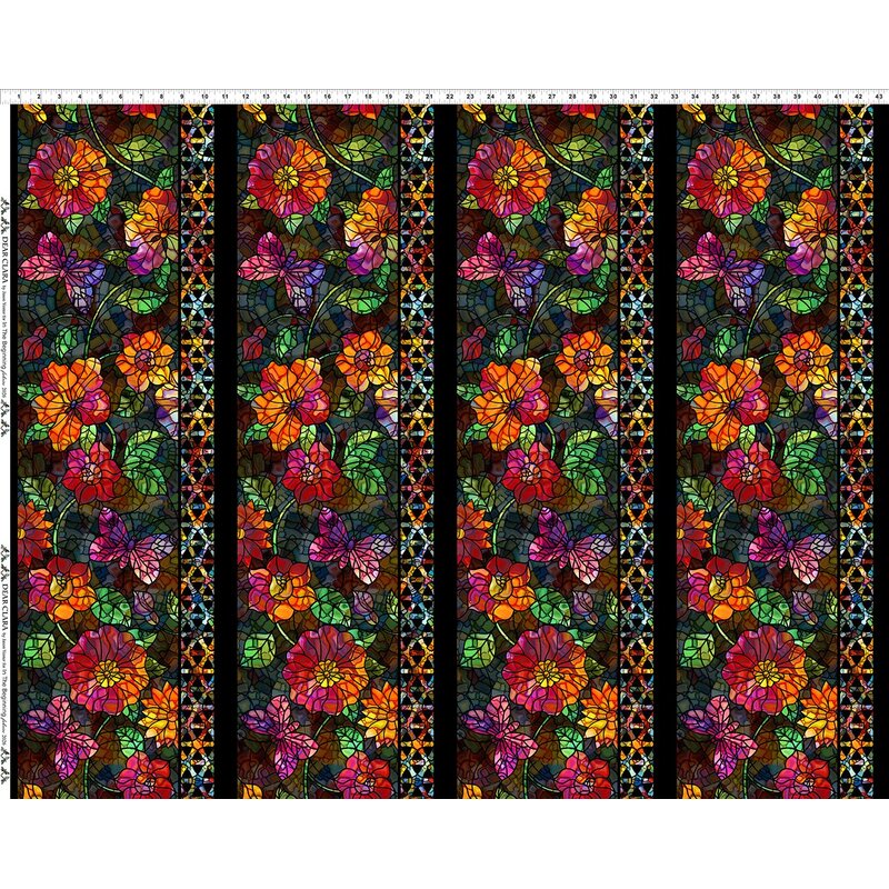 Stained glass border print with orange and pink flowers and butterflies on black fabric.