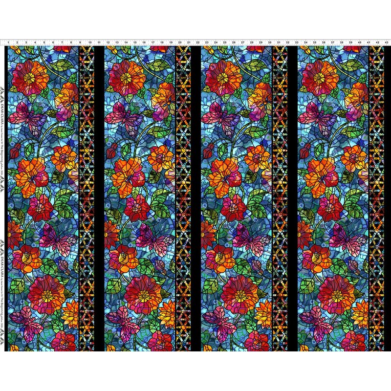 Stained glass border print with orange and pink flowers and butterflies on aqua fabric.