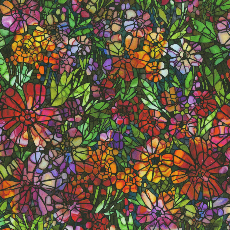 Stained-glass field of bright flowers and leaves.