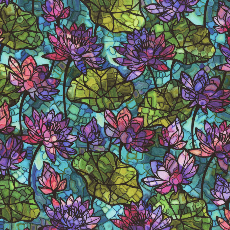 Stained glass aquamarine pond with lily pads and purple flowers.